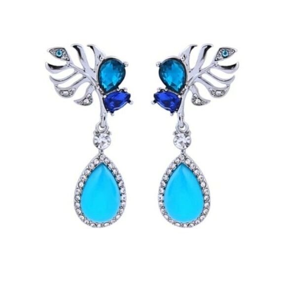 Blue Crystal Rhinestone Flower Vintage Silver Drop Dangle Statement Earrings - Picture 1 of 7